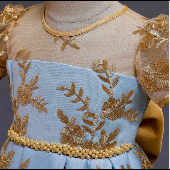 Easter Dress 🩵 Flower Girl Spring Blue Tulle Gold Lace Pageant Gown - Kids 5 - Picture 5 of 5